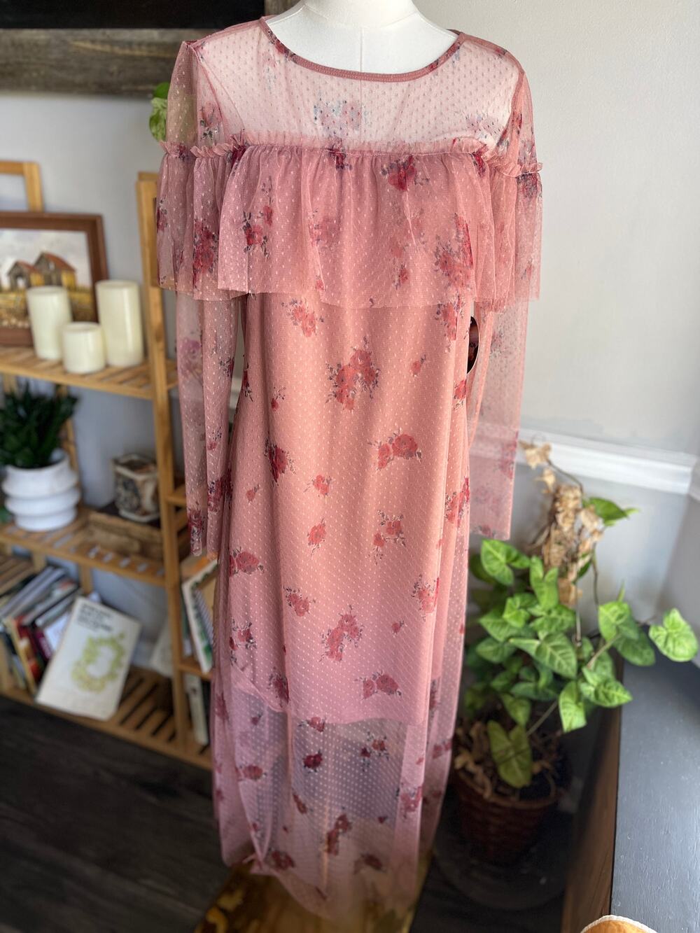 Vintage Y2K NWT Sheer Rose Maxi Dress Mauve Pink Polka Dot Size Large